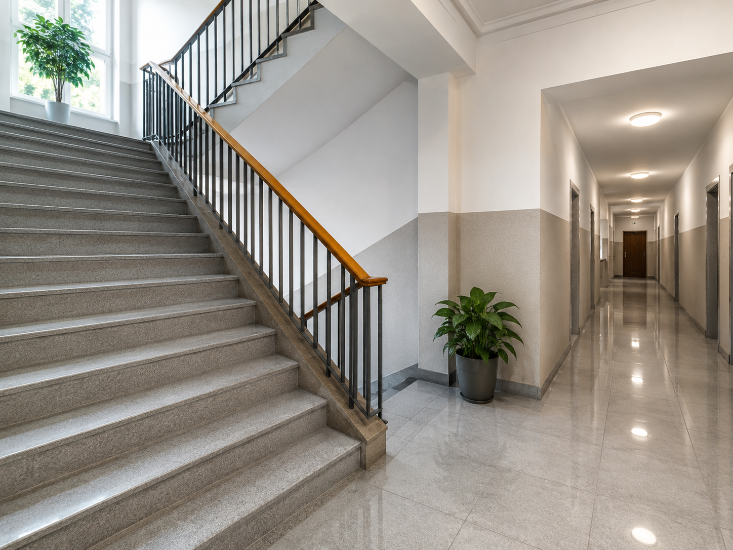 Sauberes und gepflegtes Treppenhaus mit Eingangs- und Gemeinschaftsbereich